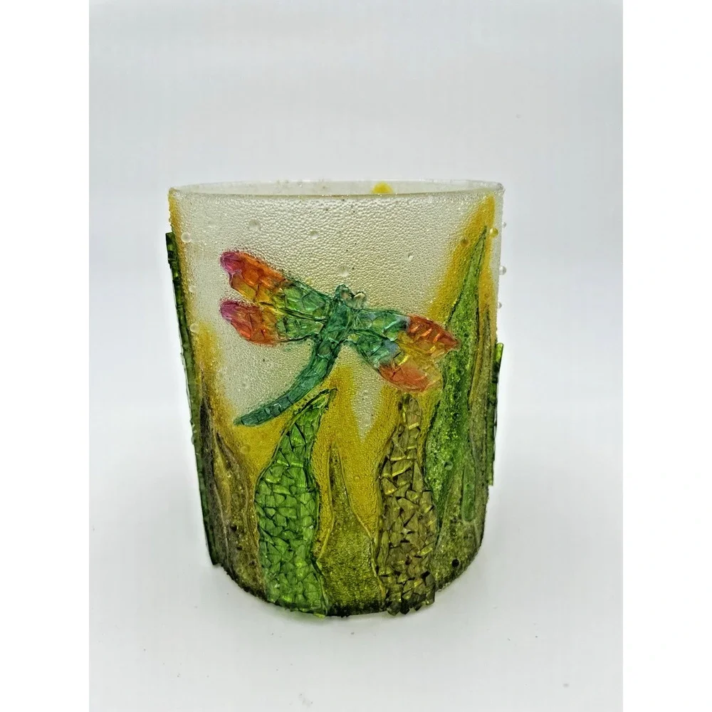 Vtg Pier‎ One Mosaic Glass Dragonfly Pillar Candle Holder 6x5